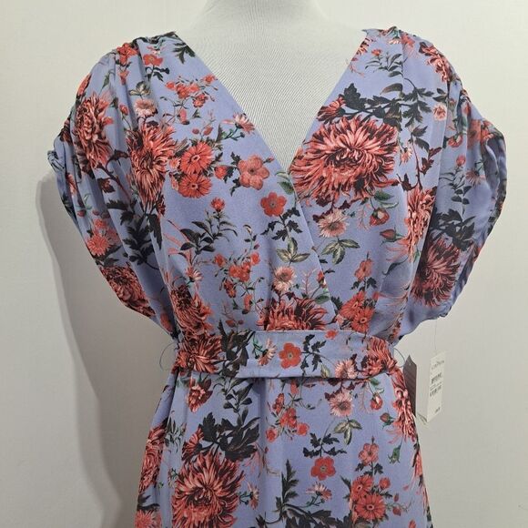 Chelsea 28 Floral Print Boho Chic Faux Wrap V Neck Multi Purple Dress Large NWT - Picture 14 of 16